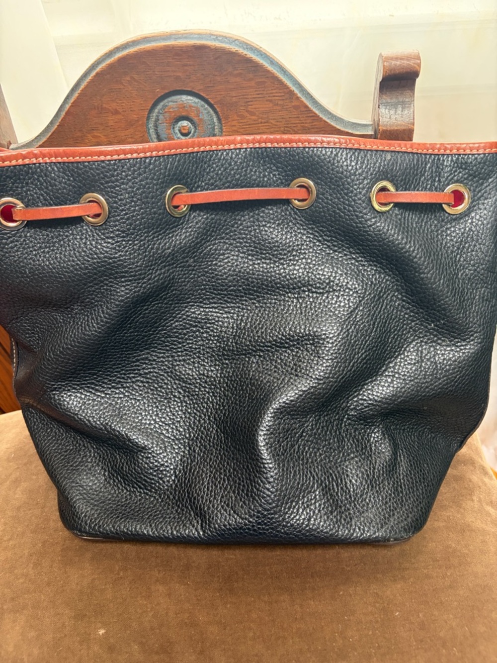 Dooney & Bourke Black Pebbled Leather Tote with Brown leather Trim and Tassel - Picture 12 of 16